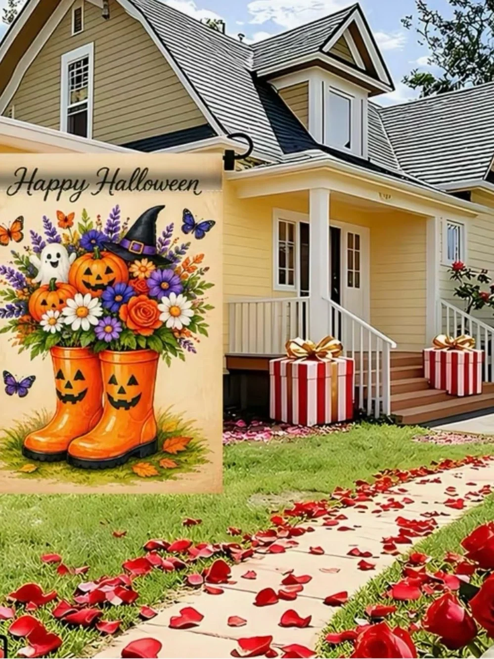 Happy Halloween Orange Jack-o'-Lantern Boot Garden Flag Flowers Ghost Witch Hat